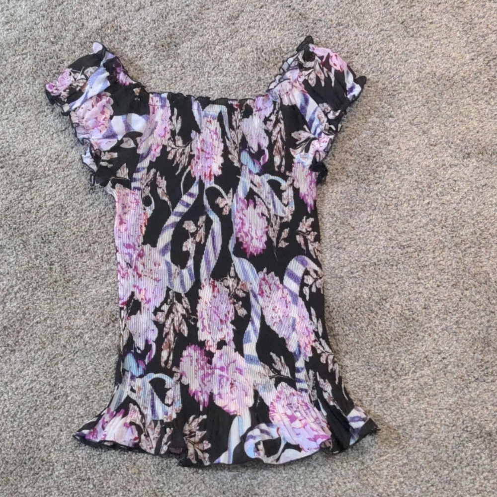 Black with purple flowers short sleeve shirt